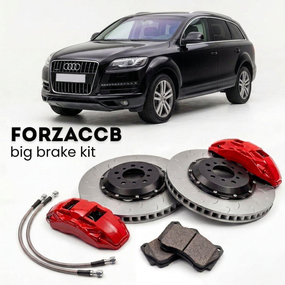 Black Audi Q7 4L (2005-2015) shown above a ForzaCCB iron rotor big brake kit with 2x red 6-piston front calipers, 2x two-piece floating ventilated brake discs 380 mm, set of brake pads, and brake lines.