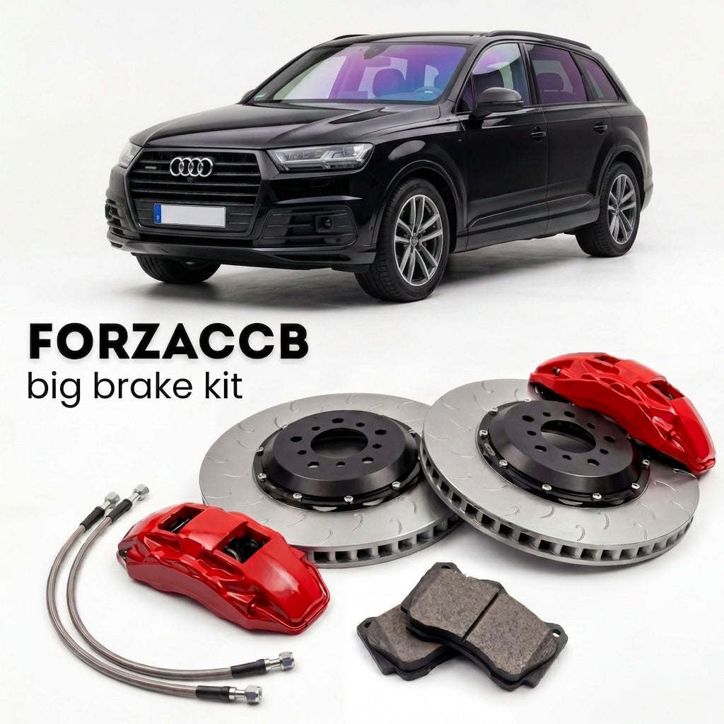 Black Audi Q7 4M (2015+) shown above a ForzaCCB iron rotor big brake kit with 2x red 6-piston front calipers, 2x two-piece floating ventilated brake discs 380 mm, set of brake pads, and brake lines.