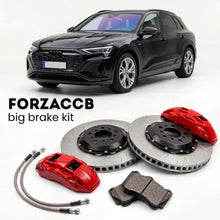 Black Audi Q8 e-tron GE (2018-2025) shown above a ForzaCCB iron rotor big brake kit with 2x red 6-piston front calipers, 2x two-piece floating ventilated brake discs 380 mm, set of brake pads, and brake lines.