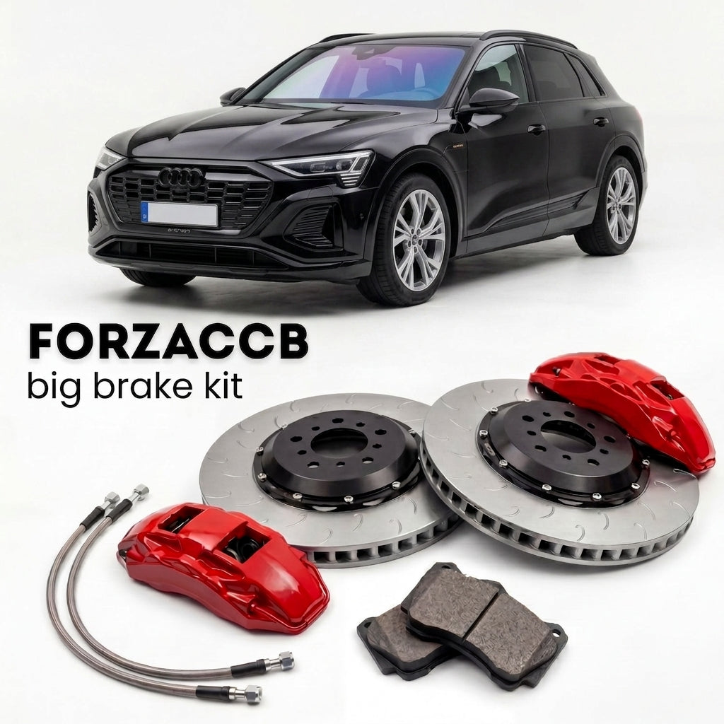 Black Audi Q8 e-tron GE (2018-2025) shown above a ForzaCCB iron rotor big brake kit with 2x red 6-piston front calipers, 2x two-piece floating ventilated brake discs 380 mm, set of brake pads, and brake lines.
