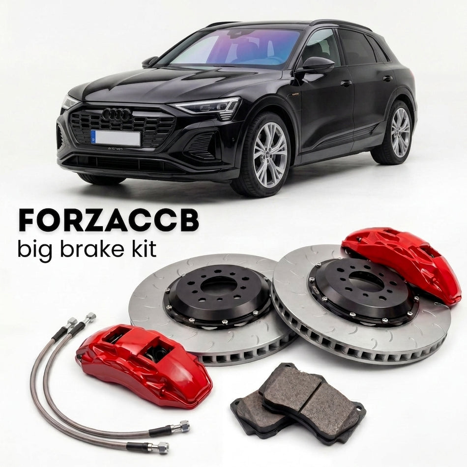 Black Audi Q8 e-tron GE (2018-2025) shown above a ForzaCCB iron rotor big brake kit with 2x red 6-piston front calipers, 2x two-piece floating ventilated brake discs 380 mm, set of brake pads, and brake lines.
