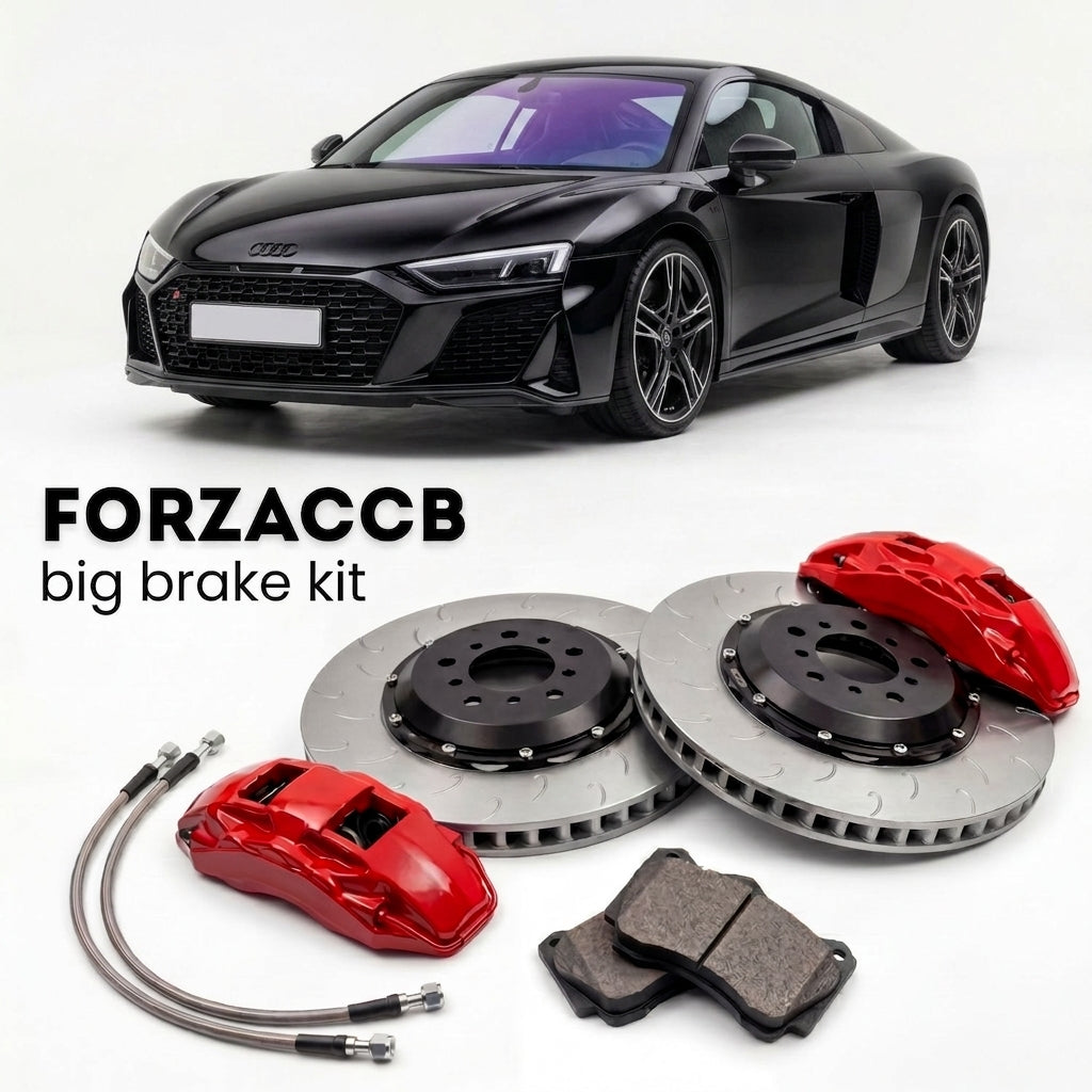 Black Audi R8 Type 4S (2015-2024) shown above a ForzaCCB iron rotor big brake kit with 2x red 6-piston front calipers, 2x two-piece floating ventilated brake discs 380 mm, set of brake pads, and brake lines.