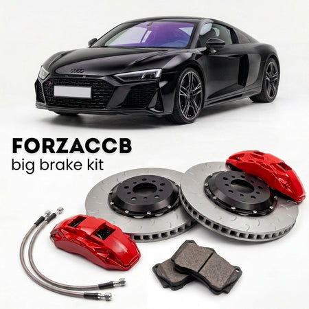 Black Audi R8 Type 4S (2015-2024) shown above a ForzaCCB iron rotor big brake kit with 2x red 6-piston front calipers, 2x two-piece floating ventilated brake discs 380 mm, set of brake pads, and brake lines.