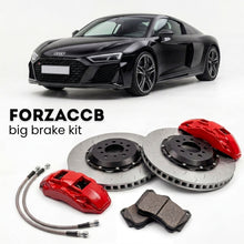 Black Audi R8 Type 4S (2017-2024) shown above a ForzaCCB iron rotor big brake kit with 2x red 6-piston front calipers, 2x two-piece floating ventilated brake discs 380 mm, set of brake pads, and brake lines.