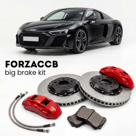 Black Audi R8 Type 4S (2017-2024) shown above a ForzaCCB iron rotor big brake kit with 2x red 6-piston front calipers, 2x two-piece floating ventilated brake discs 380 mm, set of brake pads, and brake lines.
