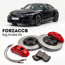 Black Audi RS e-tron GT FW (2021+) shown above a ForzaCCB iron rotor big brake kit with 2x red 6-piston front calipers, 2x two-piece floating ventilated brake discs 380 mm, set of brake pads, and brake lines.