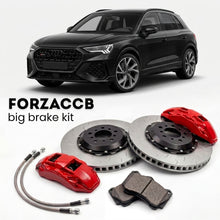 Black Audi RS Q3 F3 (2019-2025) shown above a ForzaCCB iron rotor big brake kit with 2x red 6-piston front calipers, 2x two-piece floating ventilated brake discs 380 mm, set of brake pads, and brake lines.