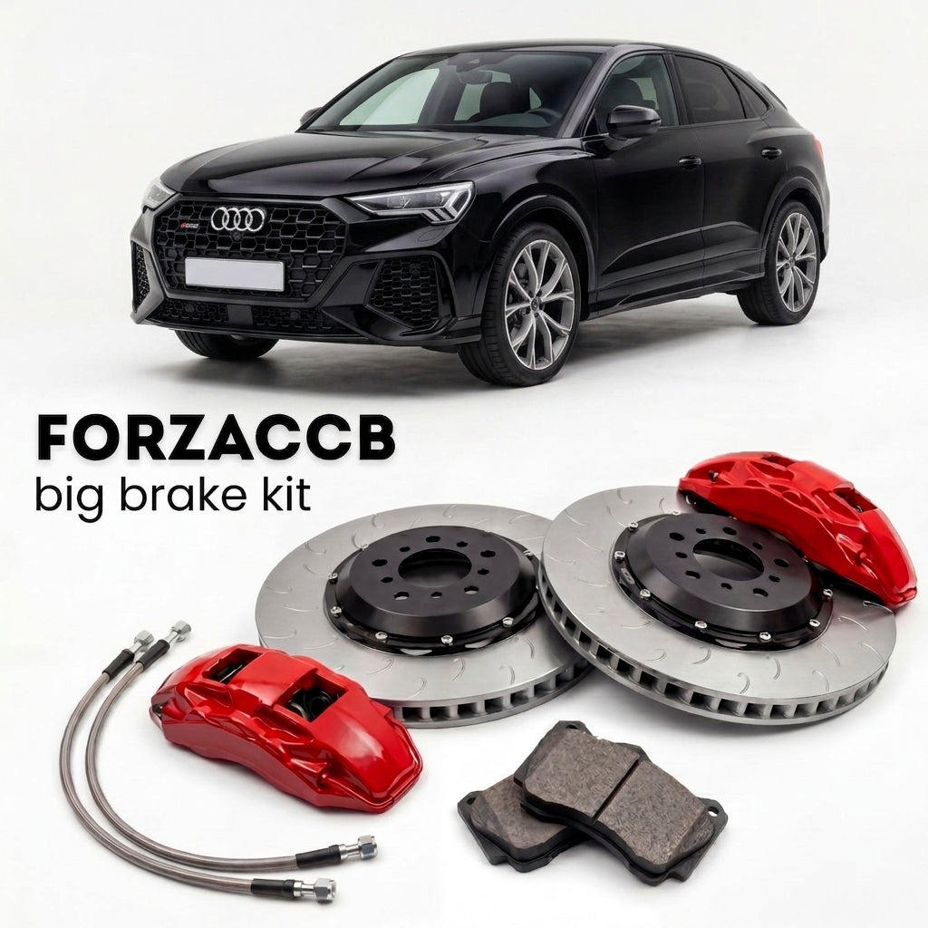 Black Audi RS Q3 Sportback F3 (2019-2025) shown above a ForzaCCB iron rotor big brake kit with 2x red 6-piston front calipers, 2x two-piece floating ventilated brake discs 380 mm, set of brake pads, and brake lines.