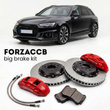 Black Audi RS4 Avant B9 (2017-2024) shown above a ForzaCCB iron rotor big brake kit with 2x red 6-piston front calipers, 2x two-piece floating ventilated brake discs 380 mm, set of brake pads, and brake lines.