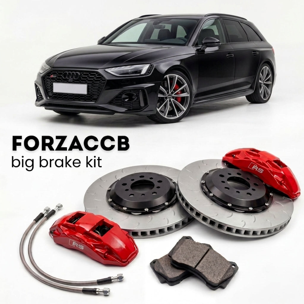 Black Audi RS4 B9 (2017-2024) shown above a ForzaCCB iron rotor big brake kit with 2x red 6-piston front calipers, 2x two-piece floating ventilated brake discs 380 mm, set of brake pads, and brake lines.