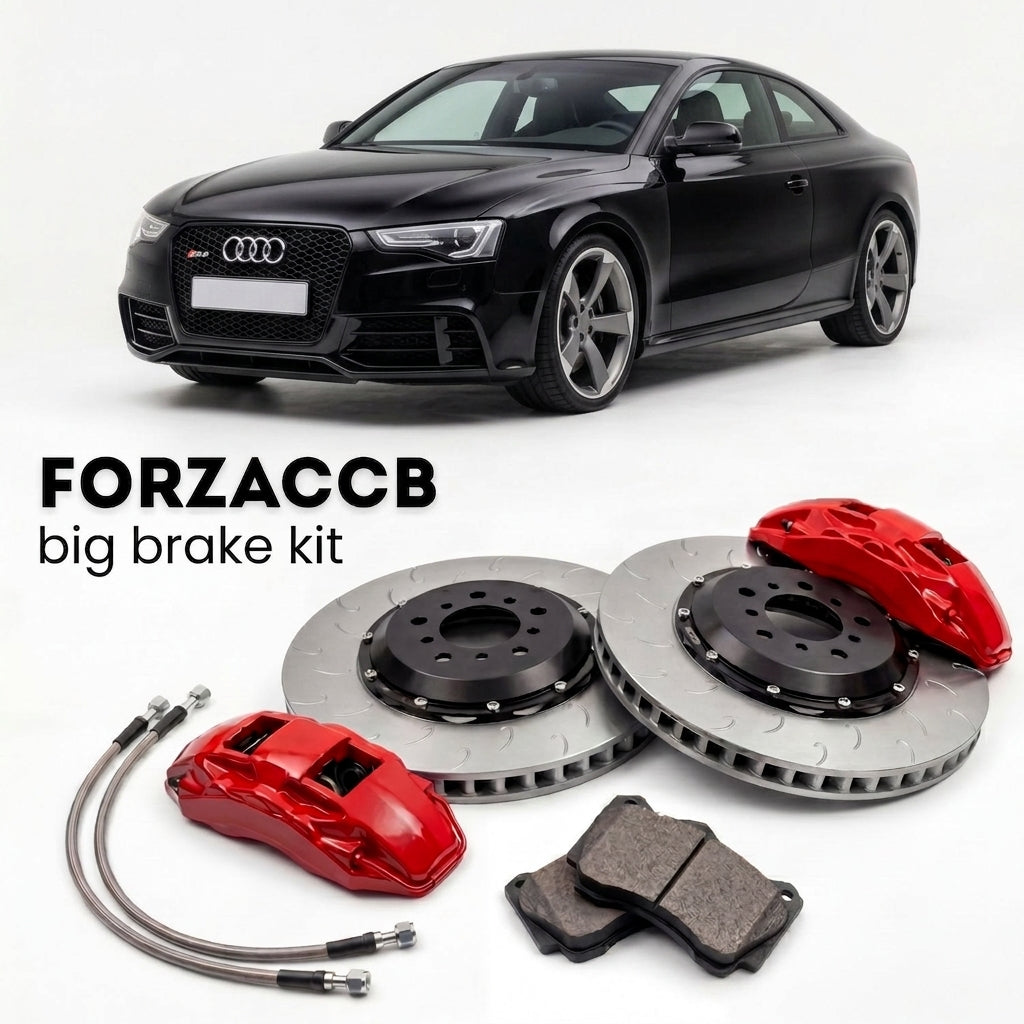 Black Audi RS5 8T (2010-2015) shown above a ForzaCCB iron rotor big brake kit with 2x red 6-piston front calipers, 2x two-piece floating ventilated brake discs 380 mm, set of brake pads, and brake lines.