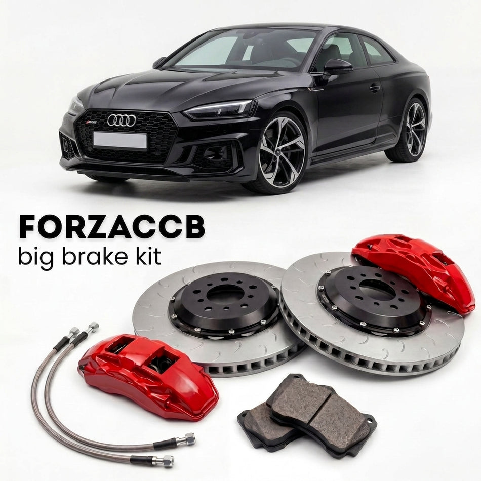 Black Audi RS5 F5 (2017-2024) shown above a ForzaCCB iron rotor big brake kit with 2x red 6-piston front calipers, 2x two-piece floating ventilated brake discs 380 mm, set of brake pads, and brake lines.