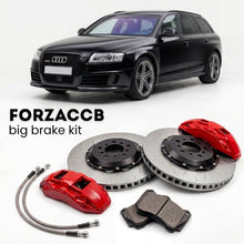 Black Audi RS6 C6 (2008-2010) shown above a ForzaCCB iron rotor big brake kit with 2x red 6-piston front calipers, 2x two-piece floating ventilated brake discs 380 mm, set of brake pads, and brake lines.