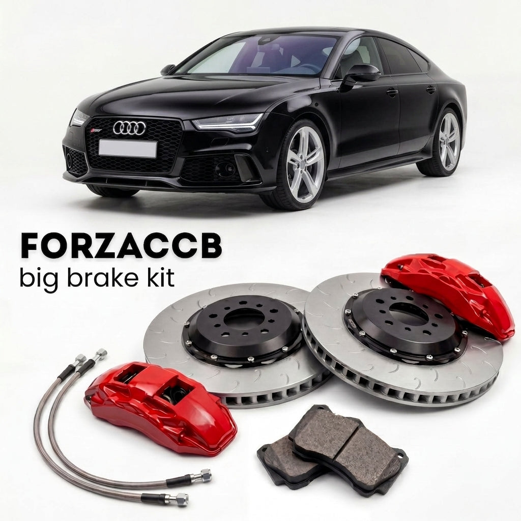 Black Audi RS7 4G8 (2013-2018) shown above a ForzaCCB iron rotor big brake kit with 2x red 6-piston front calipers, 2x two-piece floating ventilated brake discs 380 mm, set of brake pads, and brake lines.