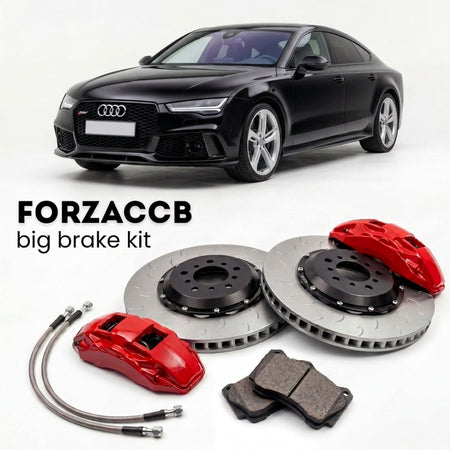Black Audi RS7 4G8 (2013-2018) shown above a ForzaCCB iron rotor big brake kit with 2x red 6-piston front calipers, 2x two-piece floating ventilated brake discs 380 mm, set of brake pads, and brake lines.