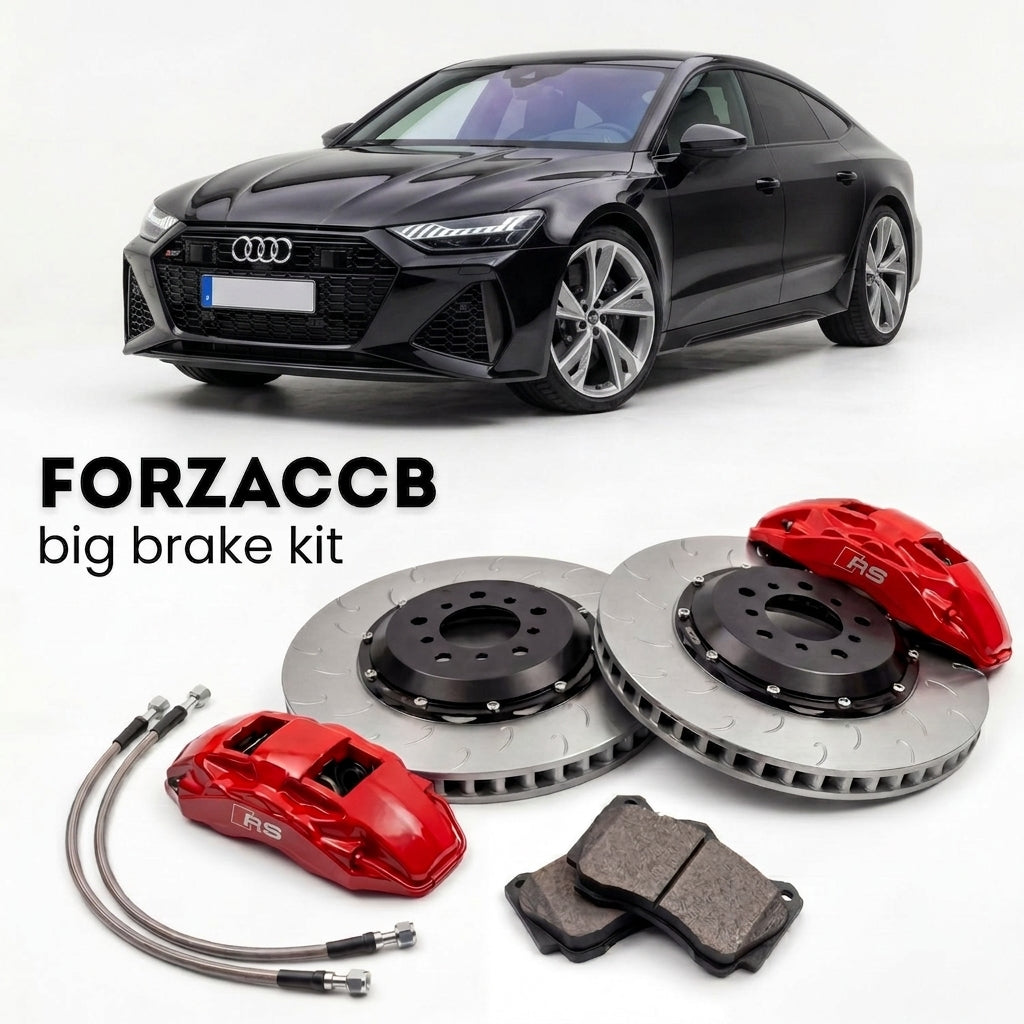 Black Audi RS7 4K8 (2019+) shown above a ForzaCCB iron rotor big brake kit with 2x red 6-piston front calipers, 2x two-piece floating ventilated brake discs 380 mm, set of brake pads, and brake lines.
