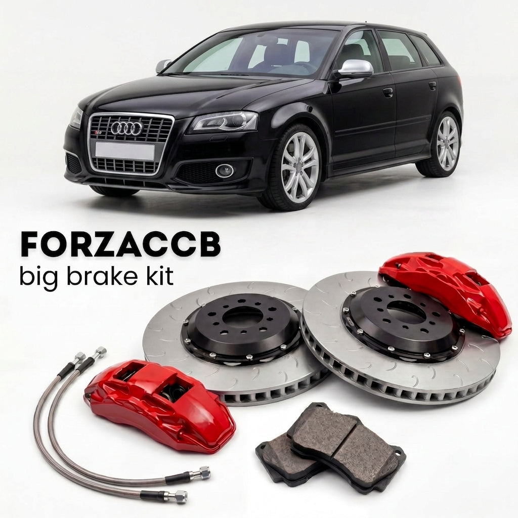 Black Audi S3 8P (2006-2013) shown above a ForzaCCB iron rotor big brake kit with 2x red 6-piston front calipers, 2x two-piece floating ventilated brake discs 380 mm, set of brake pads, and brake lines.