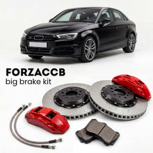Black Audi S3 8V (2012-2020) shown above a ForzaCCB iron rotor big brake kit with 2x red 6-piston front calipers, 2x two-piece floating ventilated brake discs 380 mm, set of brake pads, and brake lines.
