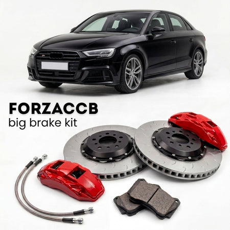 Black Audi S3 8V (2013-2020) shown above a ForzaCCB iron rotor big brake kit with 2x red 6-piston front calipers, 2x two-piece floating ventilated brake discs 380 mm, set of brake pads, and brake lines.