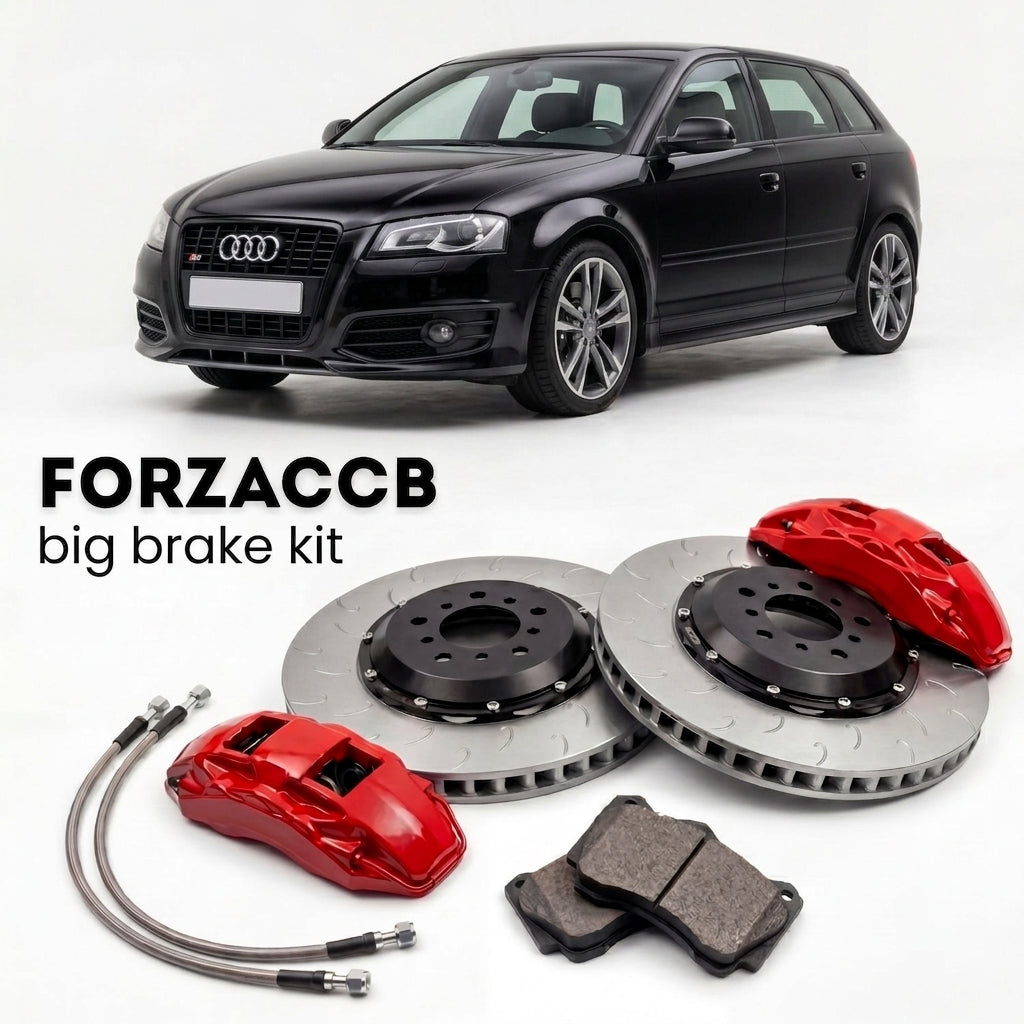 Black Audi S3 Sportback 8P (2006-2013) shown above a ForzaCCB iron rotor big brake kit with 2x red 6-piston front calipers, 2x two-piece floating ventilated brake discs 380 mm, set of brake pads, and brake lines.
