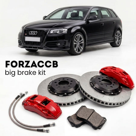 Black Audi S3 Sportback 8P (2006-2013) shown above a ForzaCCB iron rotor big brake kit with 2x red 6-piston front calipers, 2x two-piece floating ventilated brake discs 380 mm, set of brake pads, and brake lines.