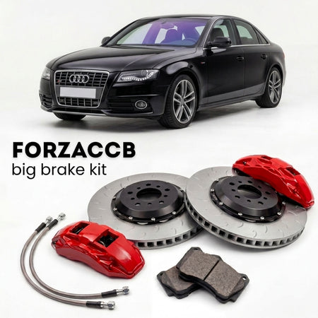 Black Audi S4 B8 (2007-2015) shown above a ForzaCCB iron rotor big brake kit with 2x red 6-piston front calipers, 2x two-piece floating ventilated brake discs 380 mm, set of brake pads, and brake lines.