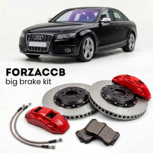 Black Audi S4 B8 (2009-2016) shown above a ForzaCCB iron rotor big brake kit with 2x red 6-piston front calipers, 2x two-piece floating ventilated brake discs 380 mm, set of brake pads, and brake lines.