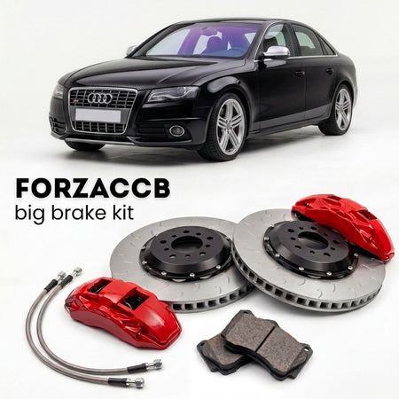 Black Audi S4 B8 (2009-2016) shown above a ForzaCCB iron rotor big brake kit with 2x red 6-piston front calipers, 2x two-piece floating ventilated brake discs 380 mm, set of brake pads, and brake lines.