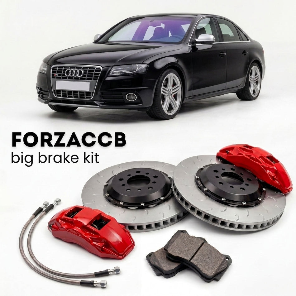 Black Audi S4 B8 (2009-2016) shown above a ForzaCCB iron rotor big brake kit with 2x red 6-piston front calipers, 2x two-piece floating ventilated brake discs 380 mm, set of brake pads, and brake lines.