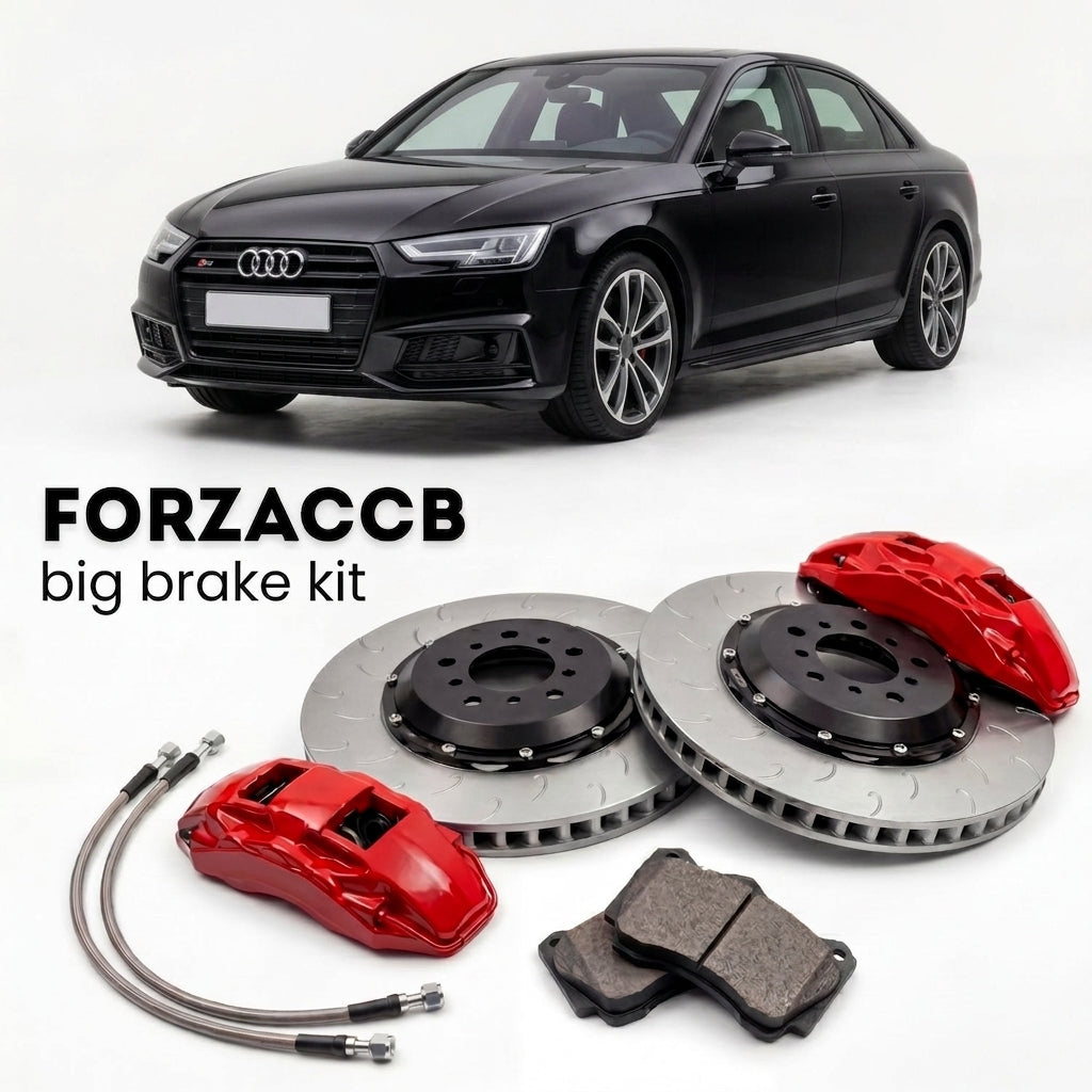Black Audi S4 B9 (2015-2024) shown above a ForzaCCB iron rotor big brake kit with 2x red 6-piston front calipers, 2x two-piece floating ventilated brake discs 380 mm, set of brake pads, and brake lines.