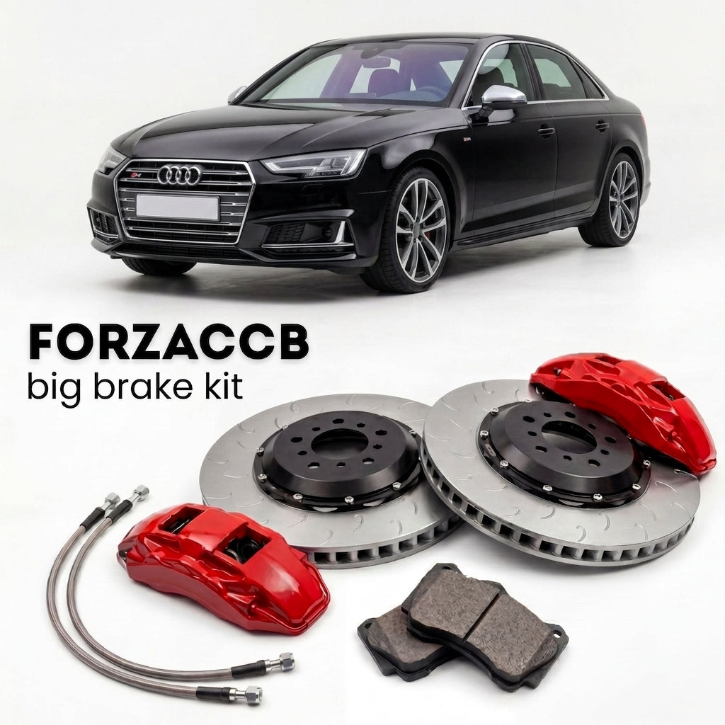 Black Audi S4 B9 (2017-2024) shown above a ForzaCCB iron rotor big brake kit with 2x red 6-piston front calipers, 2x two-piece floating ventilated brake discs 380 mm, set of brake pads, and brake lines.