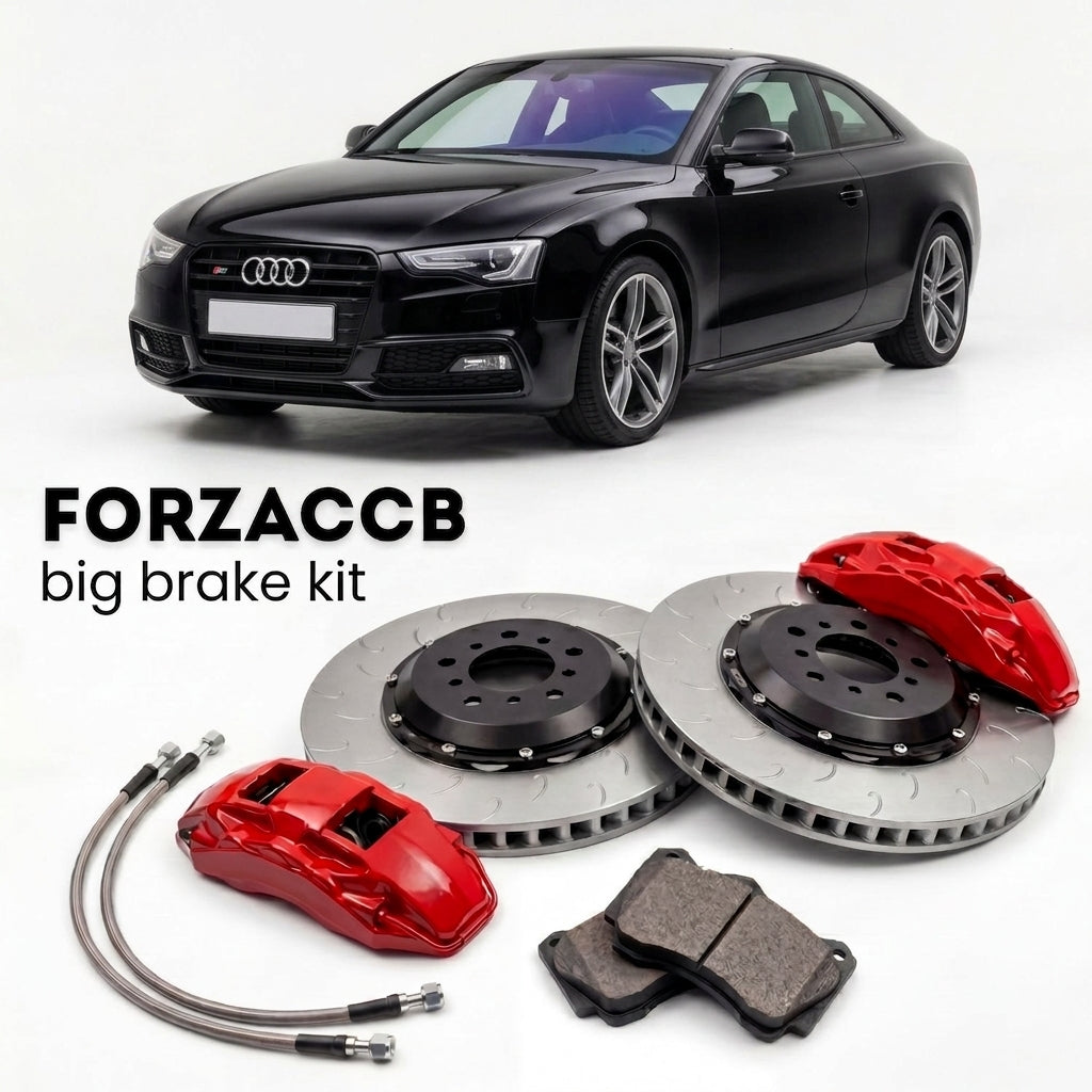 Black Audi S5 8T (2007-2016) shown above a ForzaCCB iron rotor big brake kit with 2x red 6-piston front calipers, 2x two-piece floating ventilated brake discs 380 mm, set of brake pads, and brake lines.