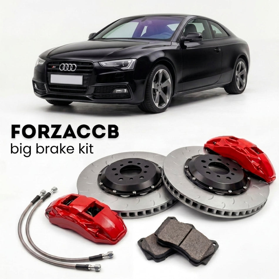Black Audi S5 8T/8F (2007-2016) shown above a ForzaCCB iron rotor big brake kit with 2x red 6-piston front calipers, 2x two-piece floating ventilated brake discs 380 mm, set of brake pads, and brake lines.