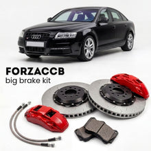 Black Audi S6 C6 (2006-2011) shown above a ForzaCCB iron rotor big brake kit with 2x red 6-piston front calipers, 2x two-piece floating ventilated brake discs 380 mm, set of brake pads, and brake lines.