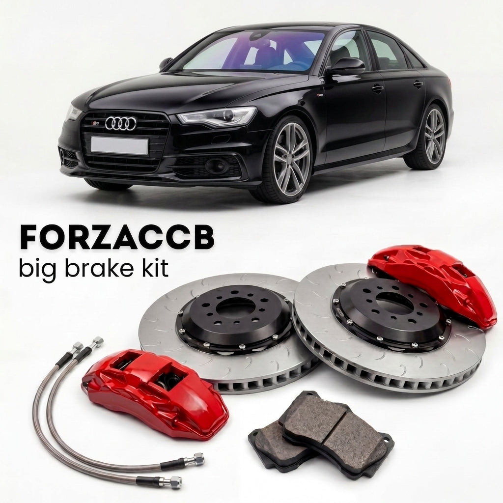 Black Audi S6 C7 (2012-2018) shown above a ForzaCCB iron rotor big brake kit with 2x red 6-piston front calipers, 2x two-piece floating ventilated brake discs 380 mm, set of brake pads, and brake lines.