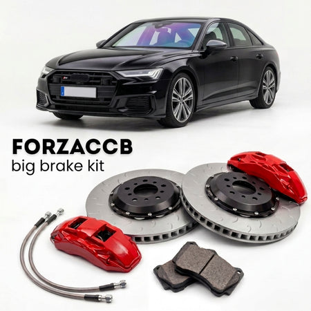 Black Audi S6 C8 (2019+) shown above a ForzaCCB iron rotor big brake kit with 2x red 6-piston front calipers, 2x two-piece floating ventilated brake discs 380 mm, set of brake pads, and brake lines.