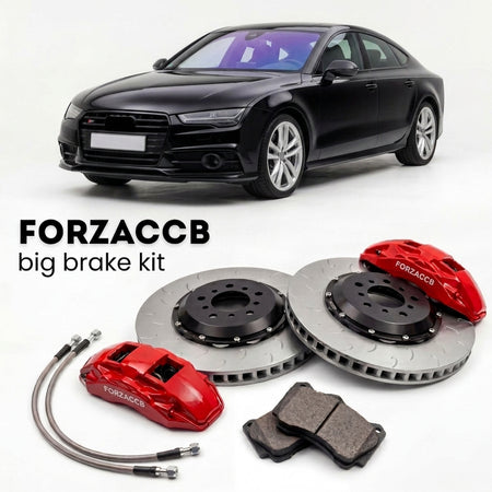 Black Audi S7 4G8 (2010-2018) shown above a ForzaCCB iron rotor big brake kit with 2x red 6-piston front calipers, 2x two-piece floating ventilated brake discs 380 mm, set of brake pads, and brake lines.