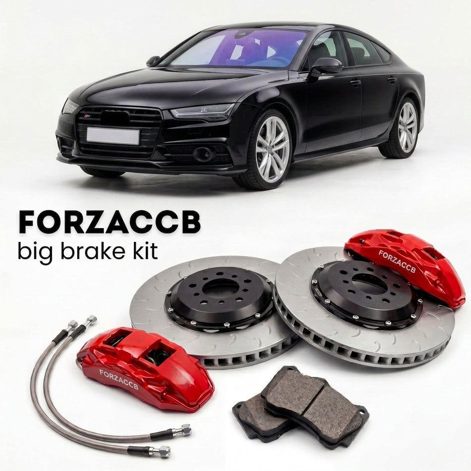 Black Audi S7 4G8 (2010-2018) shown above a ForzaCCB iron rotor big brake kit with 2x red 6-piston front calipers, 2x two-piece floating ventilated brake discs 380 mm, set of brake pads, and brake lines.