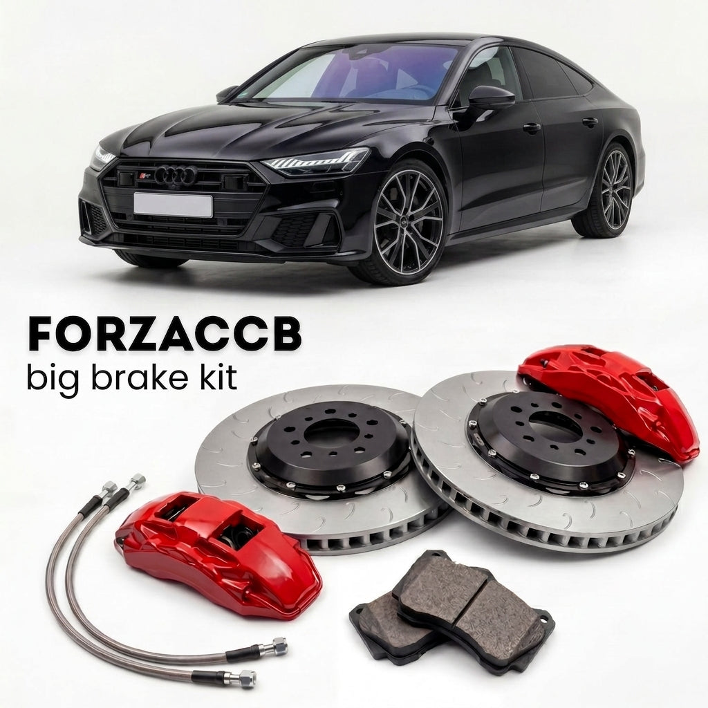 Black Audi S7 4K8 (2019+) shown above a ForzaCCB iron rotor big brake kit with 2x red 6-piston front calipers, 2x two-piece floating ventilated brake discs 380 mm, set of brake pads, and brake lines.