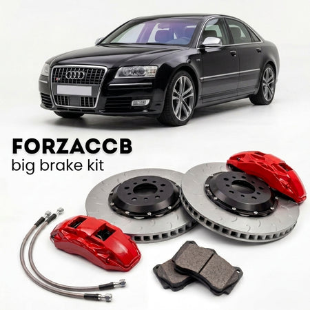 Black Audi S8 D3 (2006-2010) shown above a ForzaCCB iron rotor big brake kit with 2x red 6-piston front calipers, 2x two-piece floating ventilated brake discs 380 mm, set of brake pads, and brake lines.