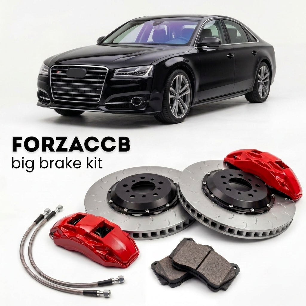 Black Audi S8 D4 (2012-2017) shown above a ForzaCCB iron rotor big brake kit with 2x red 6-piston front calipers, 2x two-piece floating ventilated brake discs 380 mm, set of brake pads, and brake lines.