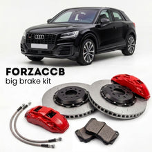 Black Audi SQ2 GA (2018+) shown above a ForzaCCB iron rotor big brake kit with 2x red 6-piston front calipers, 2x two-piece floating ventilated brake discs 380 mm, set of brake pads, and brake lines.