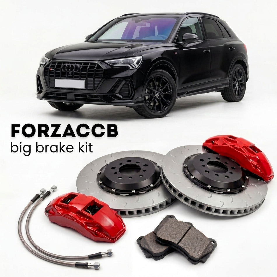 Black Audi SQ3 F3 (2019+) shown above a ForzaCCB iron rotor big brake kit with 2x red 6-piston front calipers, 2x two-piece floating ventilated brake discs 380 mm, set of brake pads, and brake lines.