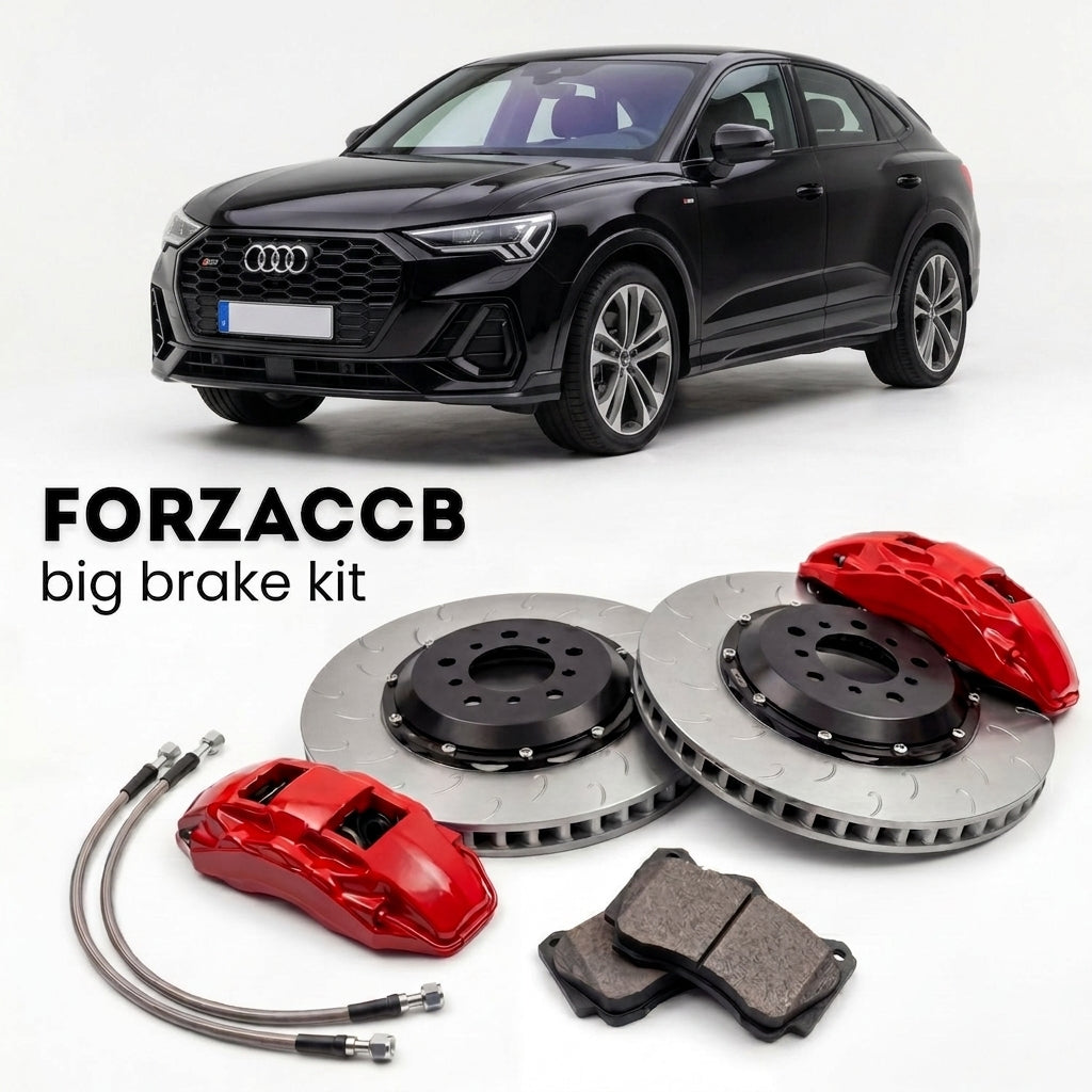 Black Audi SQ3 Sportback F3 (2019+) shown above a ForzaCCB iron rotor big brake kit with 2x red 6-piston front calipers, 2x two-piece floating ventilated brake discs 380 mm, set of brake pads, and brake lines.