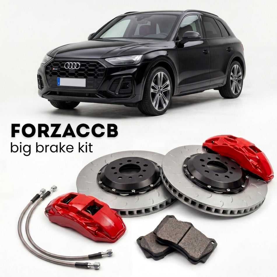 Black Audi SQ5 FY (2017-2024) shown above a ForzaCCB iron rotor big brake kit with 2x red 6-piston front calipers, 2x two-piece floating ventilated brake discs 380 mm, set of brake pads, and brake lines.
