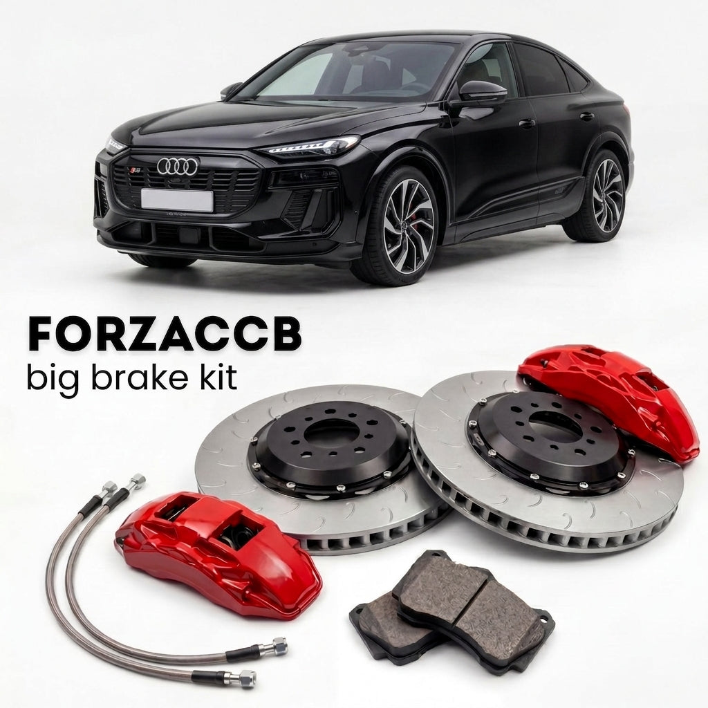 Black Audi SQ6 Sportback e-tron GF (2024+) shown above a ForzaCCB iron rotor big brake kit with 2x red 6-piston front calipers, 2x two-piece floating ventilated brake discs 380 mm, set of brake pads, and brake lines.