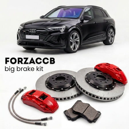 Black Audi SQ8 e-tron GE (2023-2025) shown above a ForzaCCB iron rotor big brake kit with 2x red 6-piston front calipers, 2x two-piece floating ventilated brake discs 380 mm, set of brake pads, and brake lines.