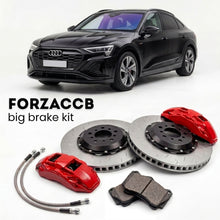 Black Audi SQ8 Sportback e-tron GE (2023-2025) shown above a ForzaCCB iron rotor big brake kit with 2x red 6-piston front calipers, 2x two-piece floating ventilated brake discs 380 mm, set of brake pads, and brake lines.