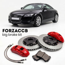 Black Audi TT Mk2 (2006-2014) shown above a ForzaCCB iron rotor big brake kit with 2x red 6-piston front calipers, 2x two-piece floating ventilated brake discs 380 mm, set of brake pads, and brake lines.