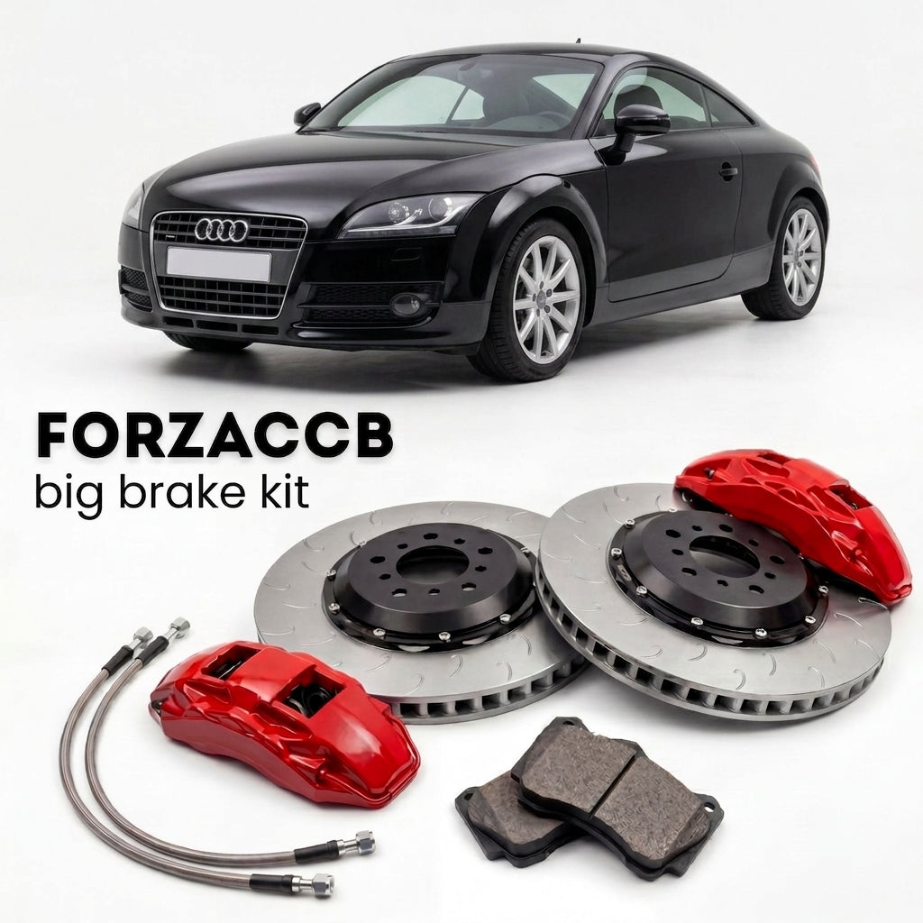 Black Audi TT Mk2 (2006-2014) shown above a ForzaCCB iron rotor big brake kit with 2x red 6-piston front calipers, 2x two-piece floating ventilated brake discs 380 mm, set of brake pads, and brake lines.